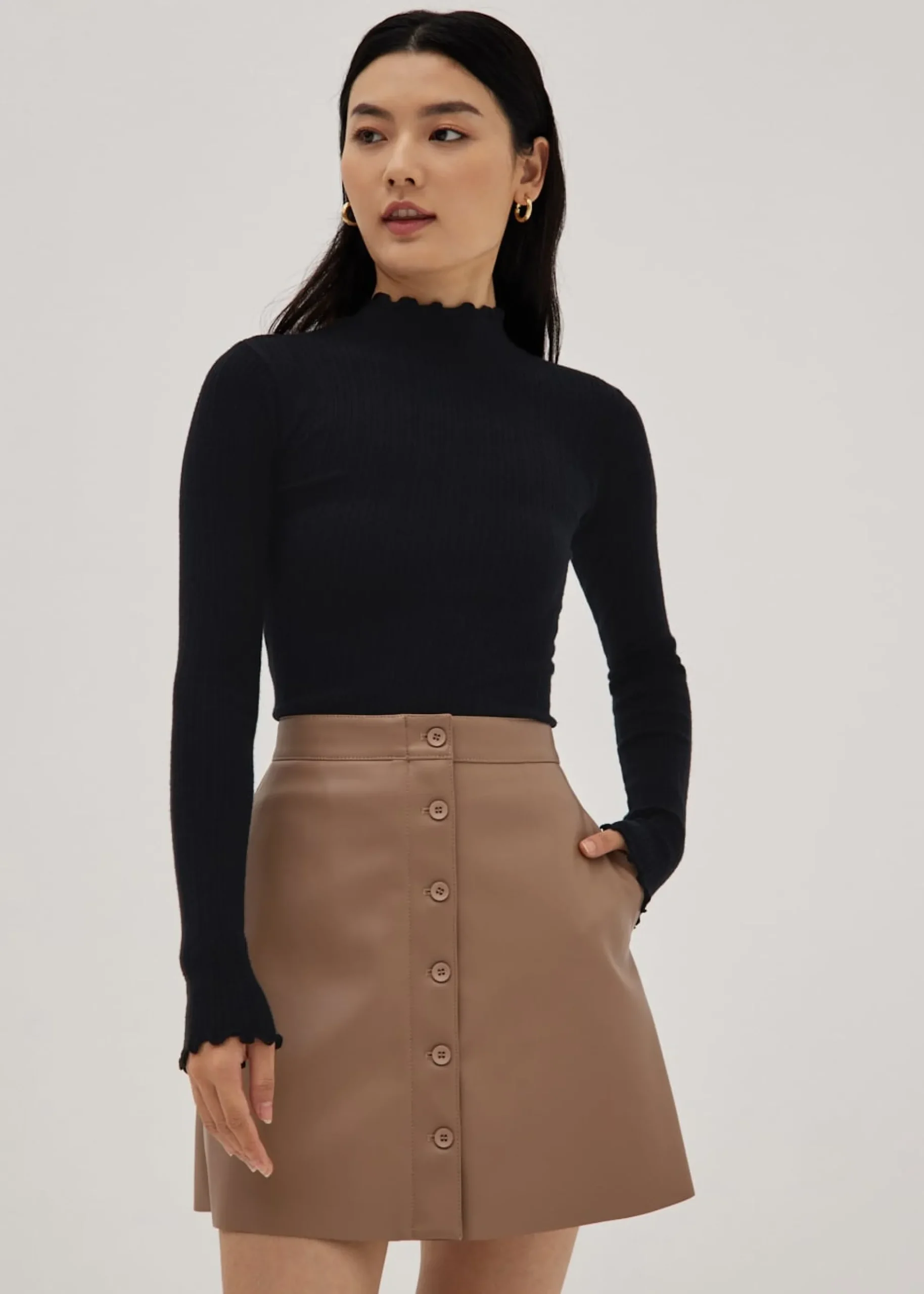 Ribbed Knit High Neck Fitted Top