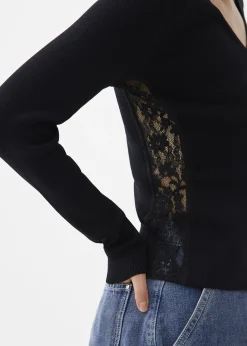 Ribbed Knit Lace Trim V-neck Top