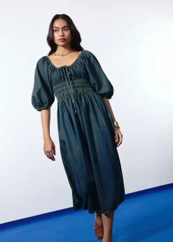 Ruched Vintage Wash Denim Fit & Flare Midaxi Dress