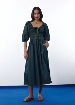 Ruched Vintage Wash Denim Fit & Flare Midaxi Dress