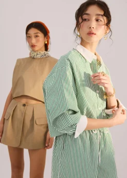 RuchedReady® Striped Cotton Collared Boxy Button Down Top