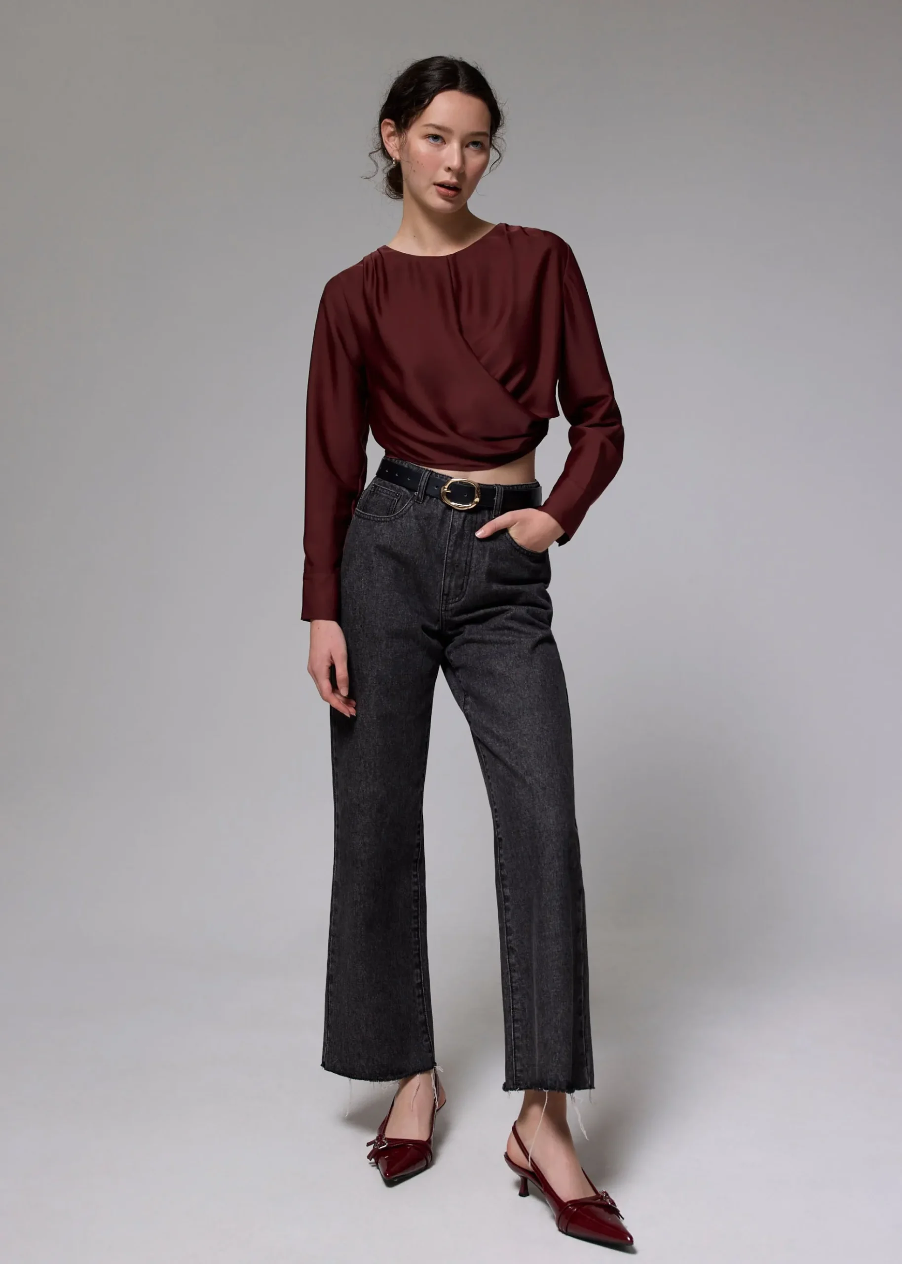 Satin Crop Drape Blouse