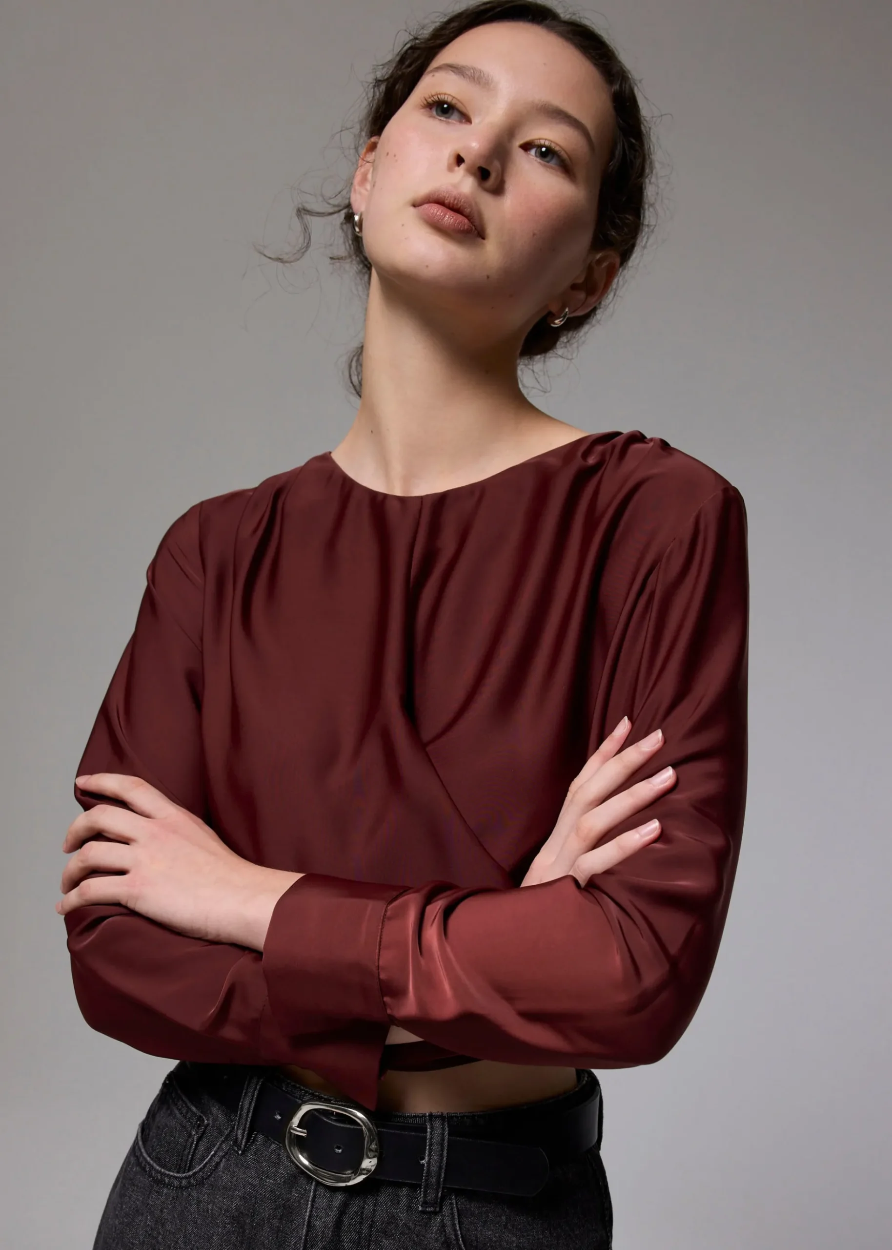Satin Crop Drape Blouse