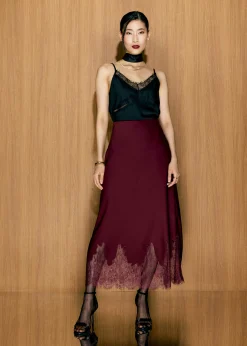 Satin Lace Trim Column Midaxi Skirt