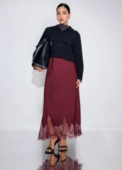 Satin Lace Trim Column Midaxi Skirt