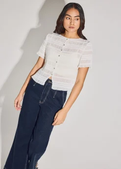 Sheer Crinkled Boat Neck Fitted Button Down Top