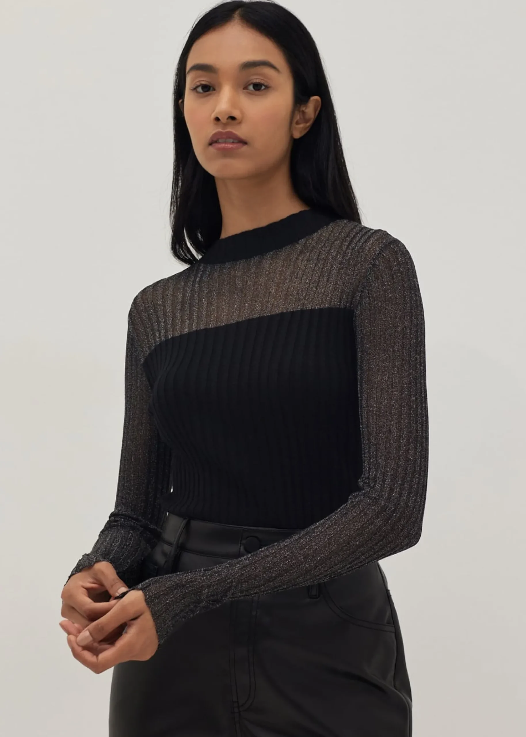 Sheer Glitter Ribbed Knit Top