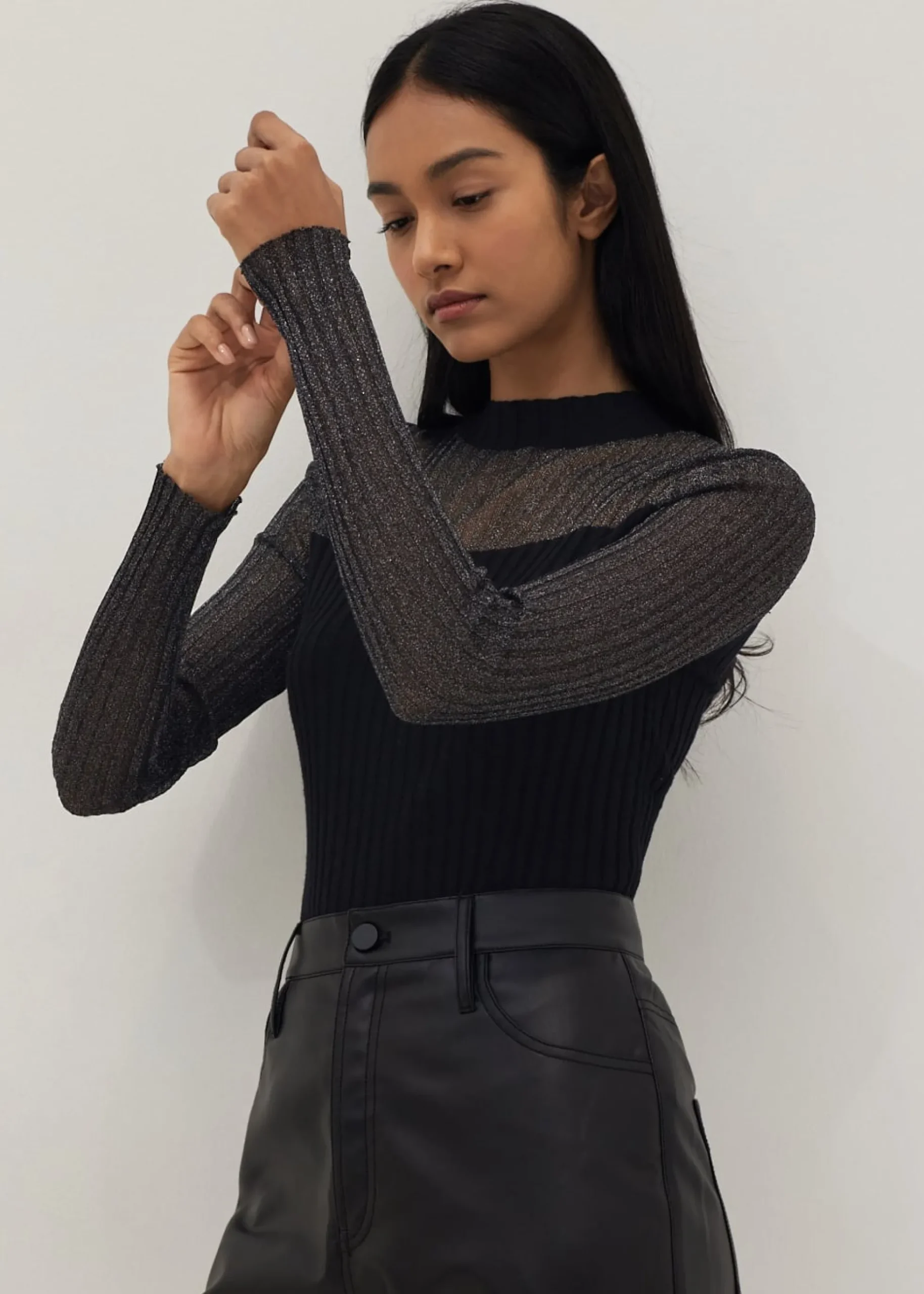 Sheer Glitter Ribbed Knit Top