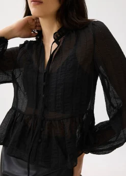 Sheer Peplum Puff Sleeve Blouse