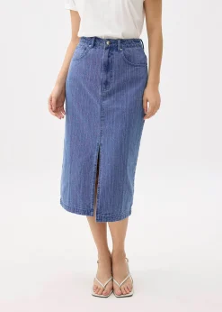 Striped Denim Column Midaxi Skirt