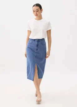 Striped Denim Column Midaxi Skirt