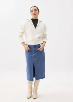 Striped Denim Column Midaxi Skirt