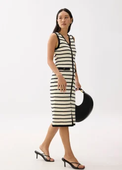 Striped Knit V-neck Column Midi Dress