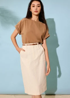 Striped Linen High Waist Column Midi Skirt