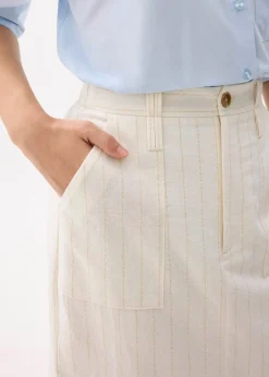 Striped Linen High Waist Column Midi Skirt