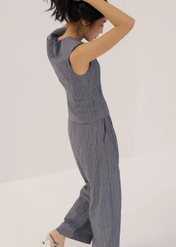 Striped Linen Wide Leg Pants in Indigo