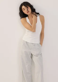 Striped Linen Wide Leg Pants in White