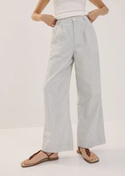 Striped Linen Wide Leg Pants in White