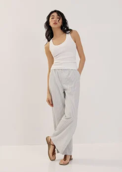 Striped Linen Wide Leg Pants in White