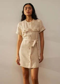Tweed Belted Button Down Shift Dress
