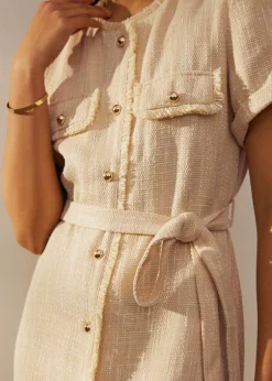 Tweed Belted Button Down Shift Dress