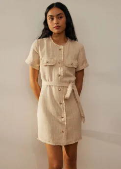 Tweed Belted Button Down Shift Dress