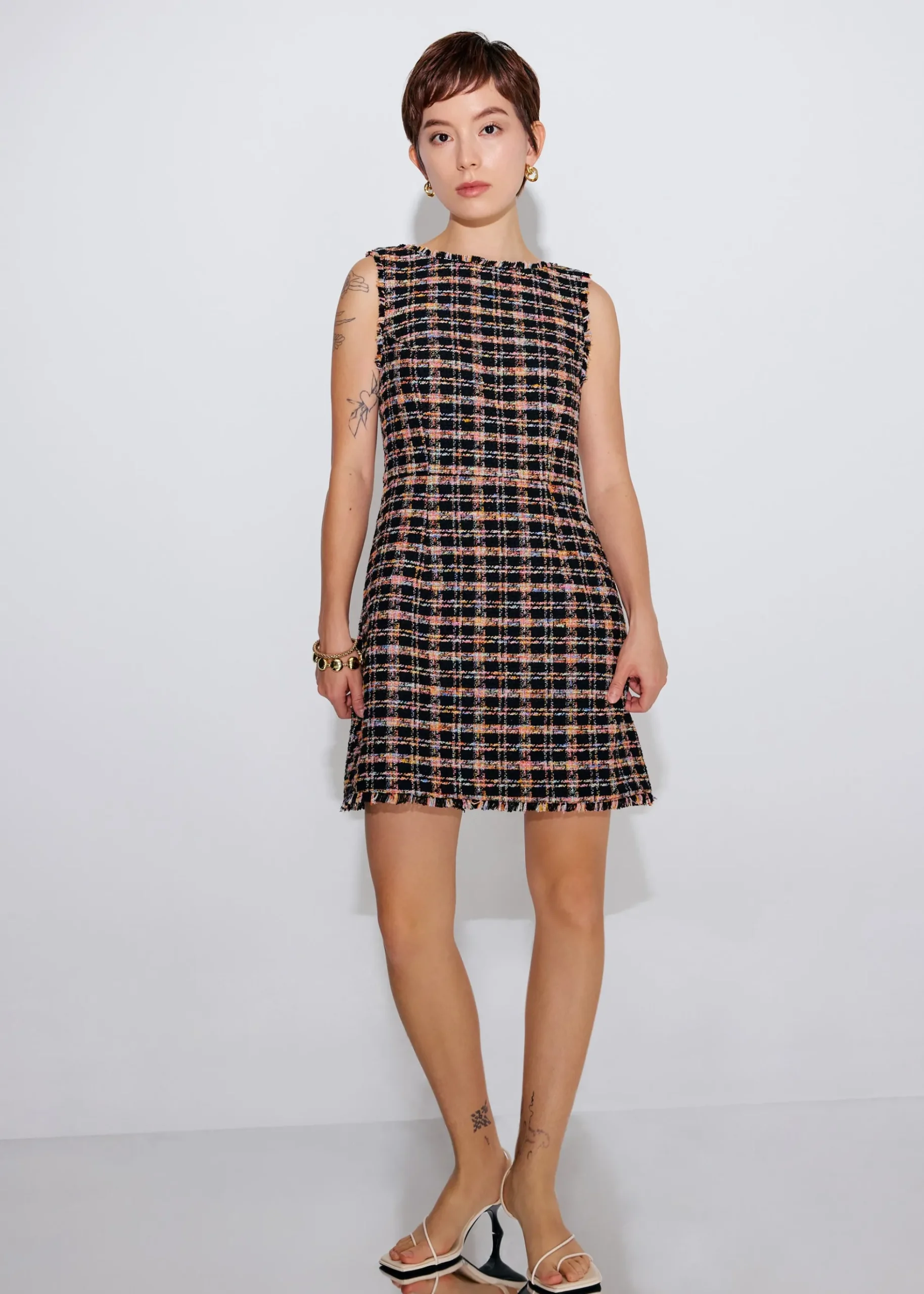 Tweed Boat Neck A-Line Mini Dress
