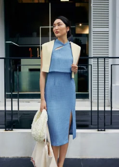 Tweed Mandarin Collar Column Midi Dress