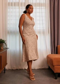 Tweed V-neck Fit & Flare Midi Dress