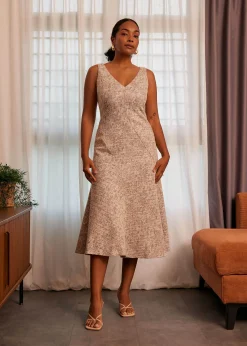 Tweed V-neck Fit & Flare Midi Dress